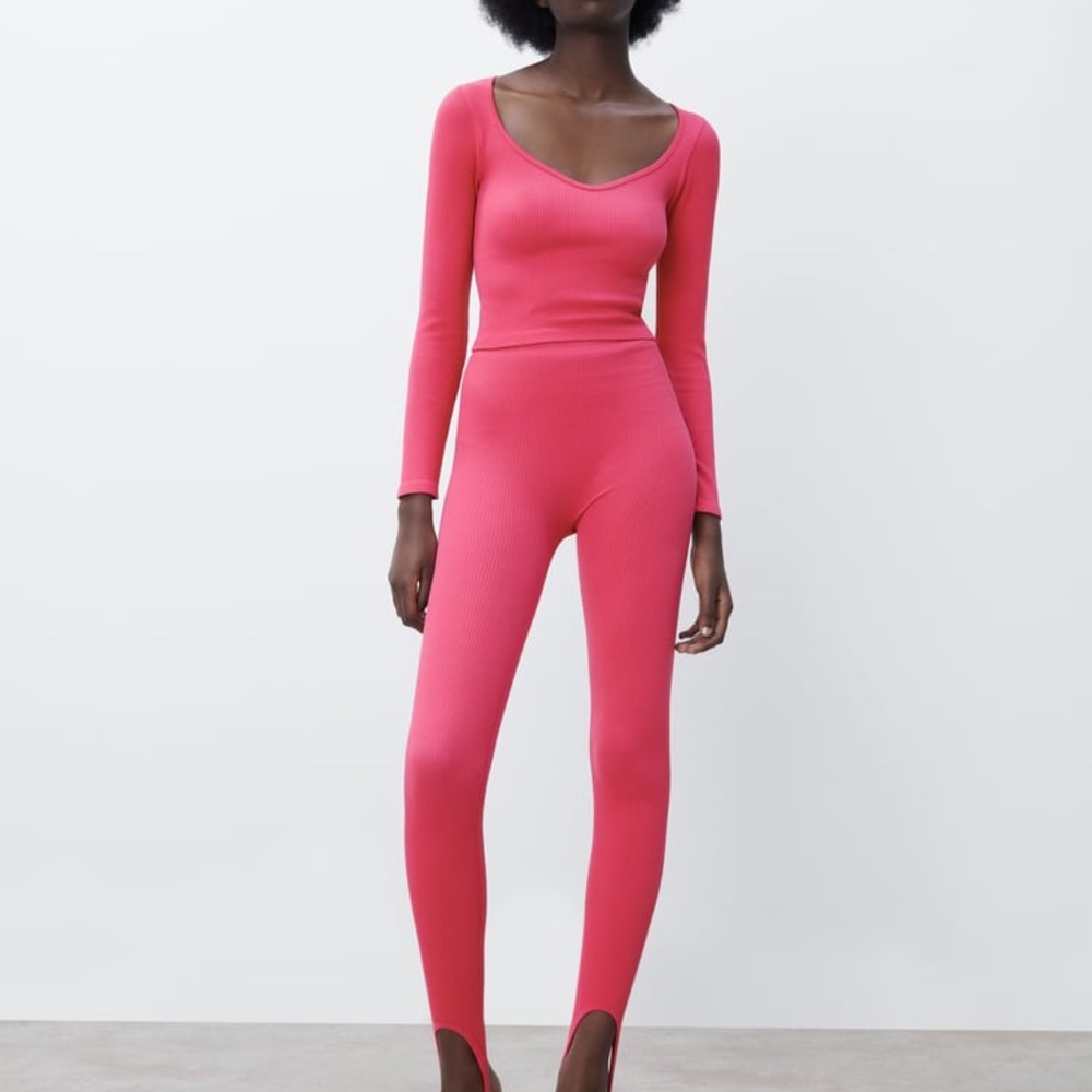Zara hot pink fuchsia seamless ribbed top and leggings coordinated set NWT